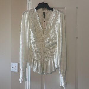 Anthropologie Ivory Smocked V-Neck Peplum Blouse